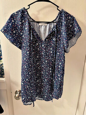SimpleFun Women's Boho Floral V-Neck Short Sleeve Summer Blouse Blue &